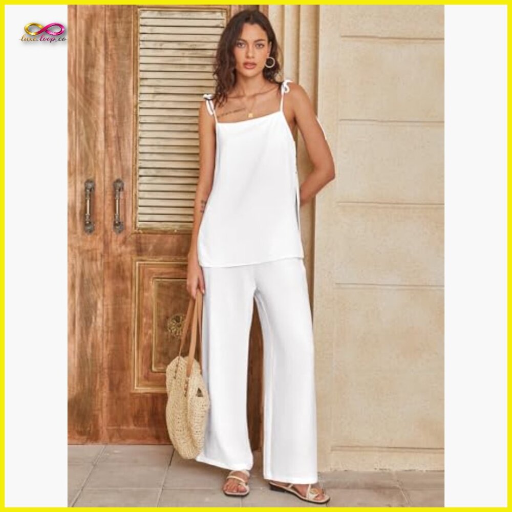 Lounge Set 2 Piece Summer Outfits Spaghetti Strap Tank Top Wide Leg Pants Travel - Picture 5 of 7